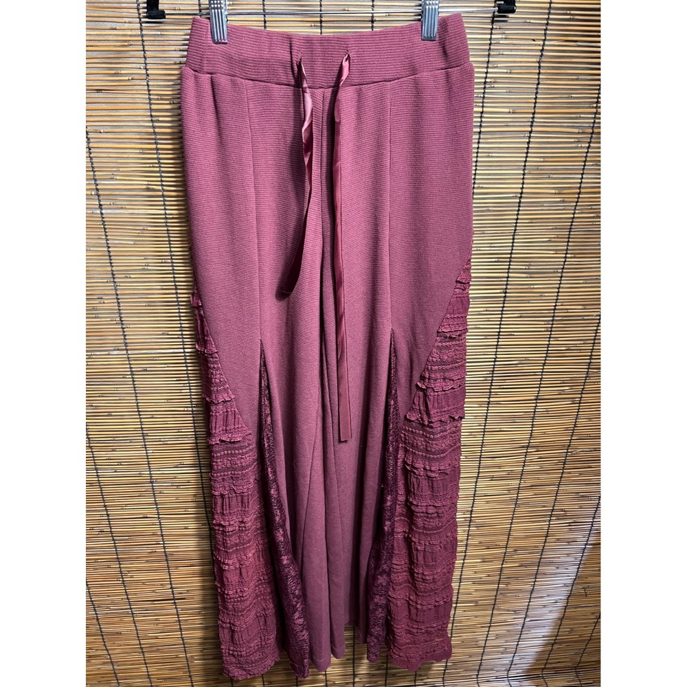 POL Small Wide Leg Pants Burgundy Lace Ruffle Waffle Knit Drawstring Boho
